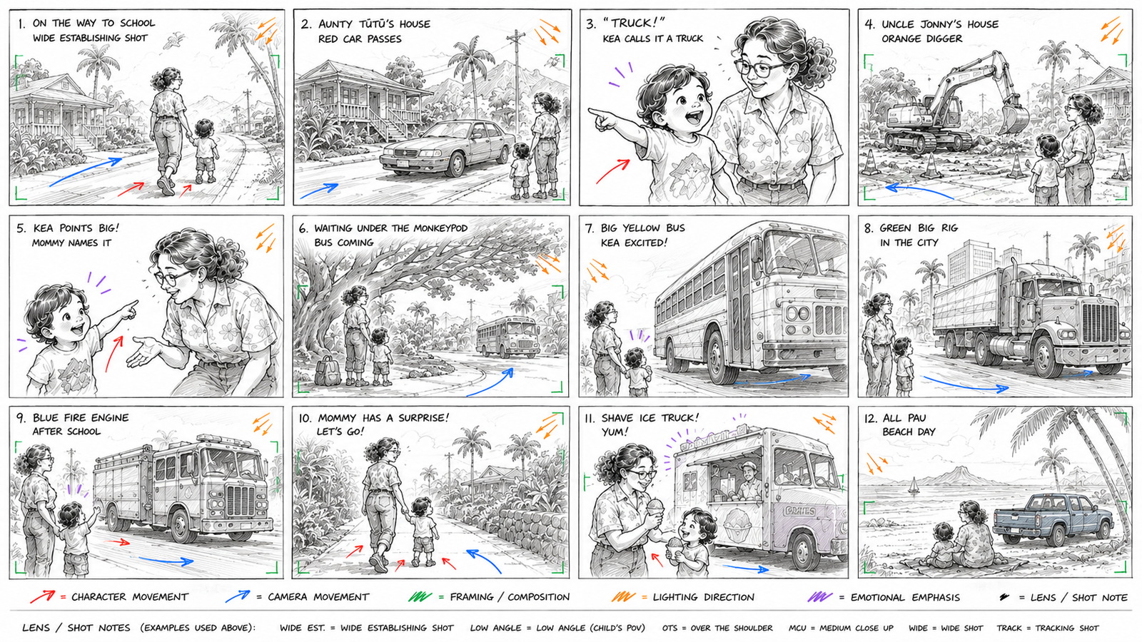 12-panel storyboard sketch for Little Kea's Big Trucks animation