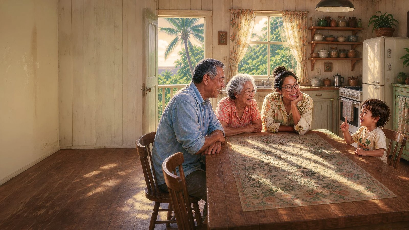 A Hawaiian family gathered around a kitchen table