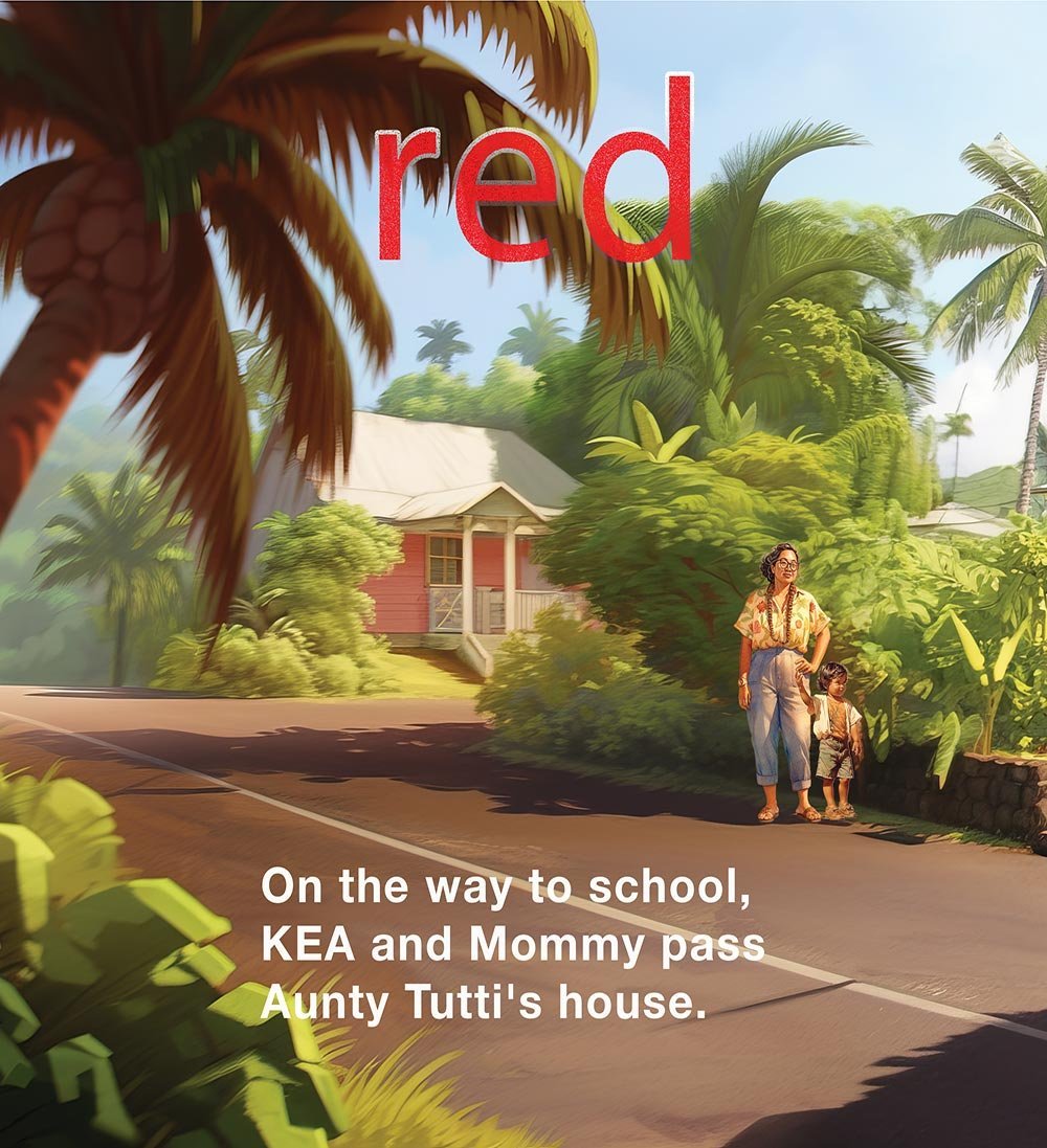Pages from Little Kea's Big Trucks featuring a red car, with the color 'red' written in both English and ʻŌlelo Hawaiʻi.