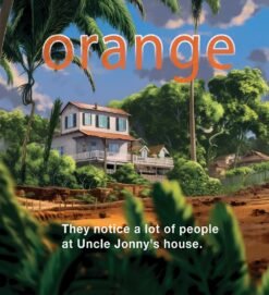 Pages from Little Kea's Big Trucks featuring an orange excavator, with the color 'orange' written in both English and ʻŌlelo Hawaiʻi.